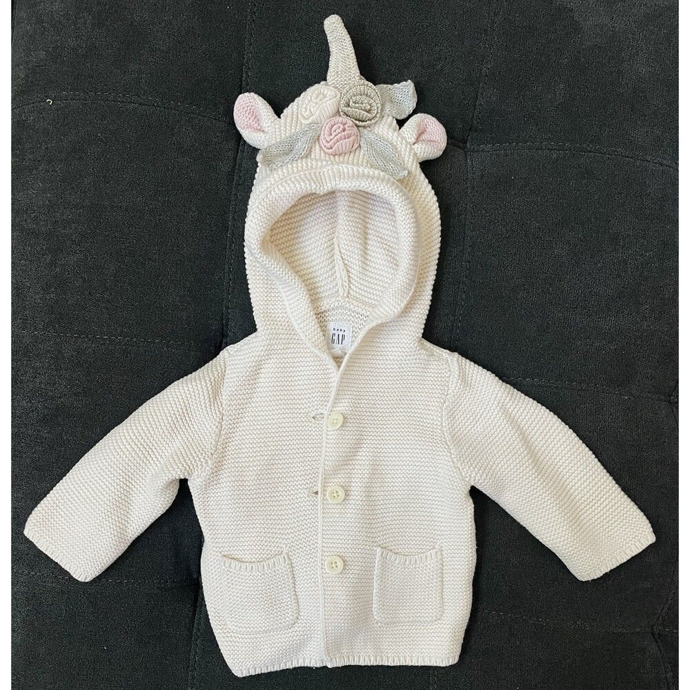 BabyGap Baby Girl 3/6M Knit Unicorn Hooded Sweater Cream/Pink